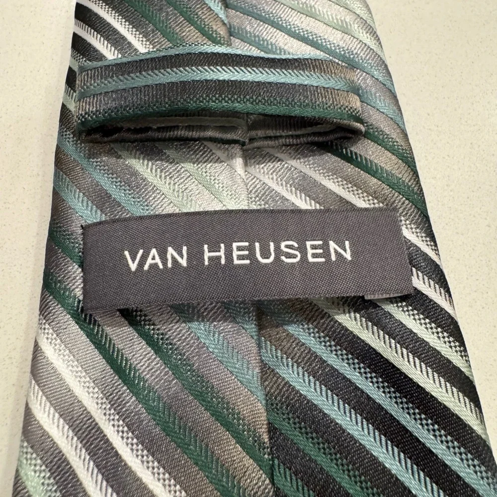 Van Heusen Mens Necktie Grey Green White Diagonal Striped Microfiber Tie